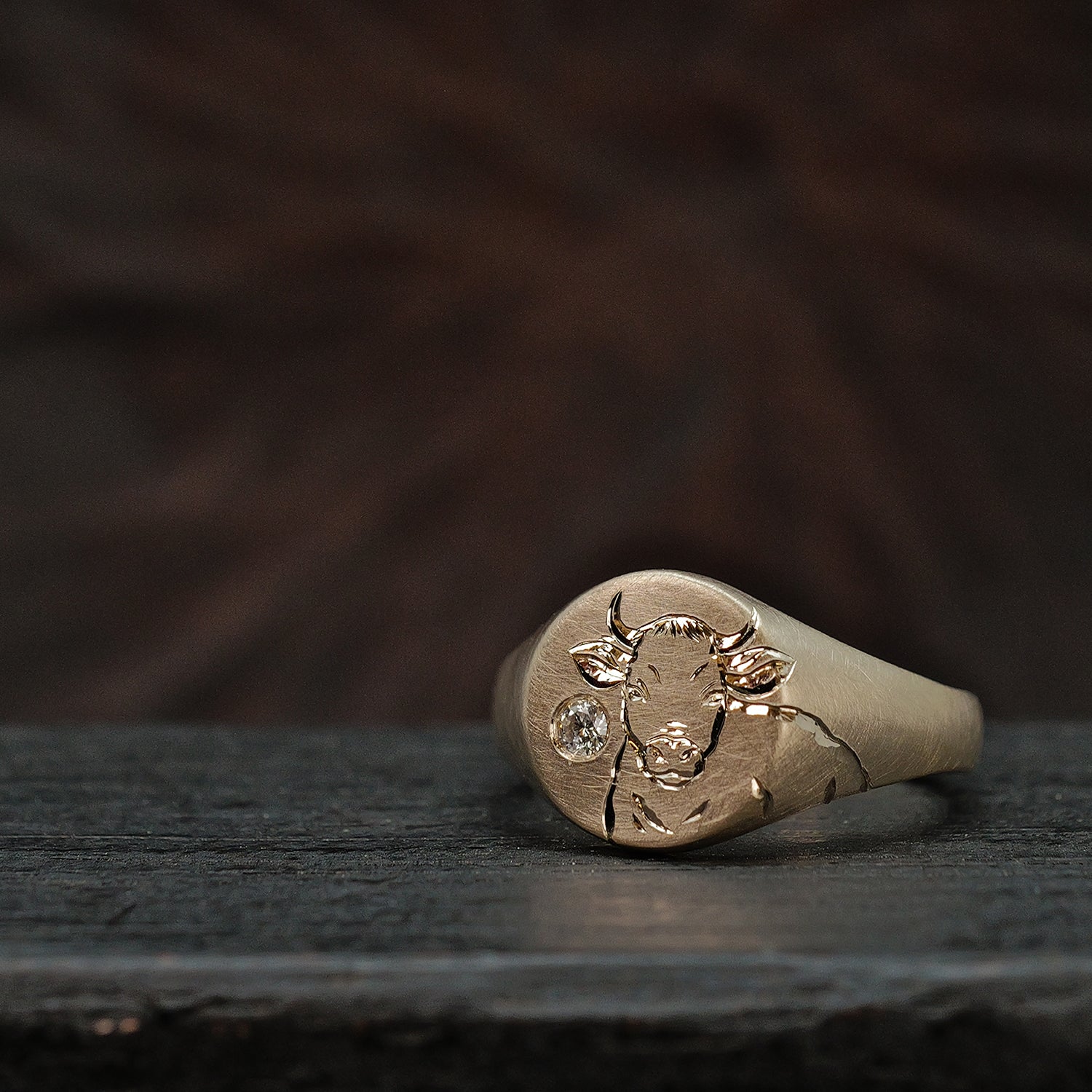 9K Gold Chinese Zodiac Signet Ring with Diamond