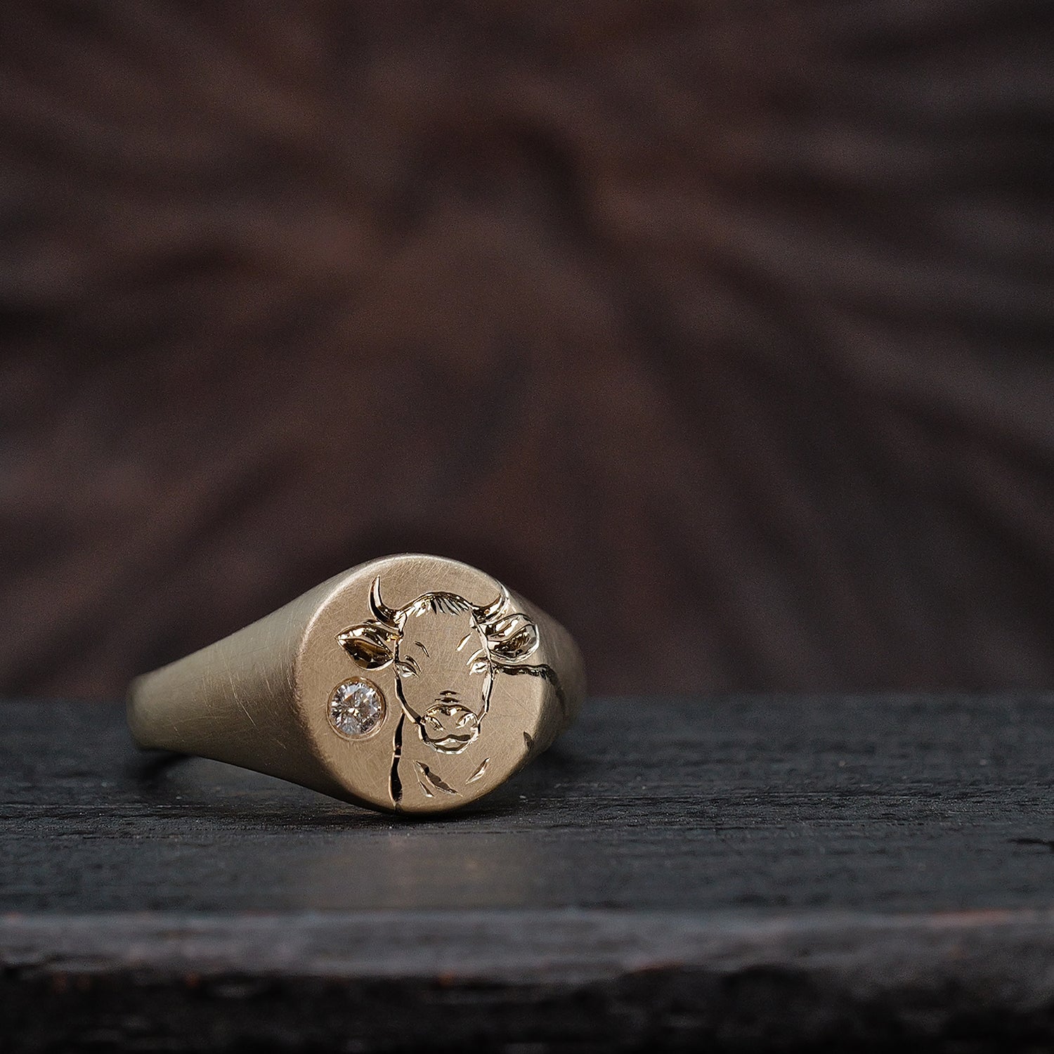 9K Gold Chinese Zodiac Signet Ring with Diamond